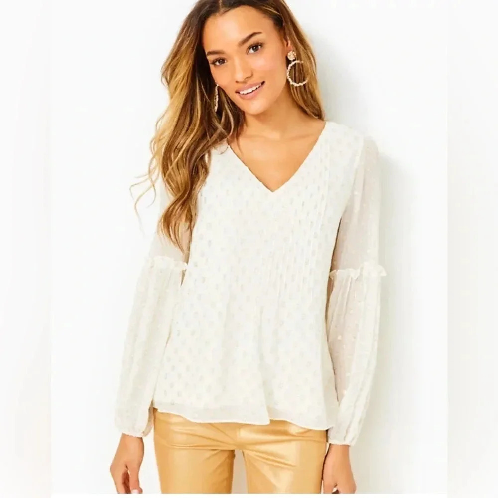 Lilly Pulitzer Size 4 Cleme Metallic-Dot Blouse